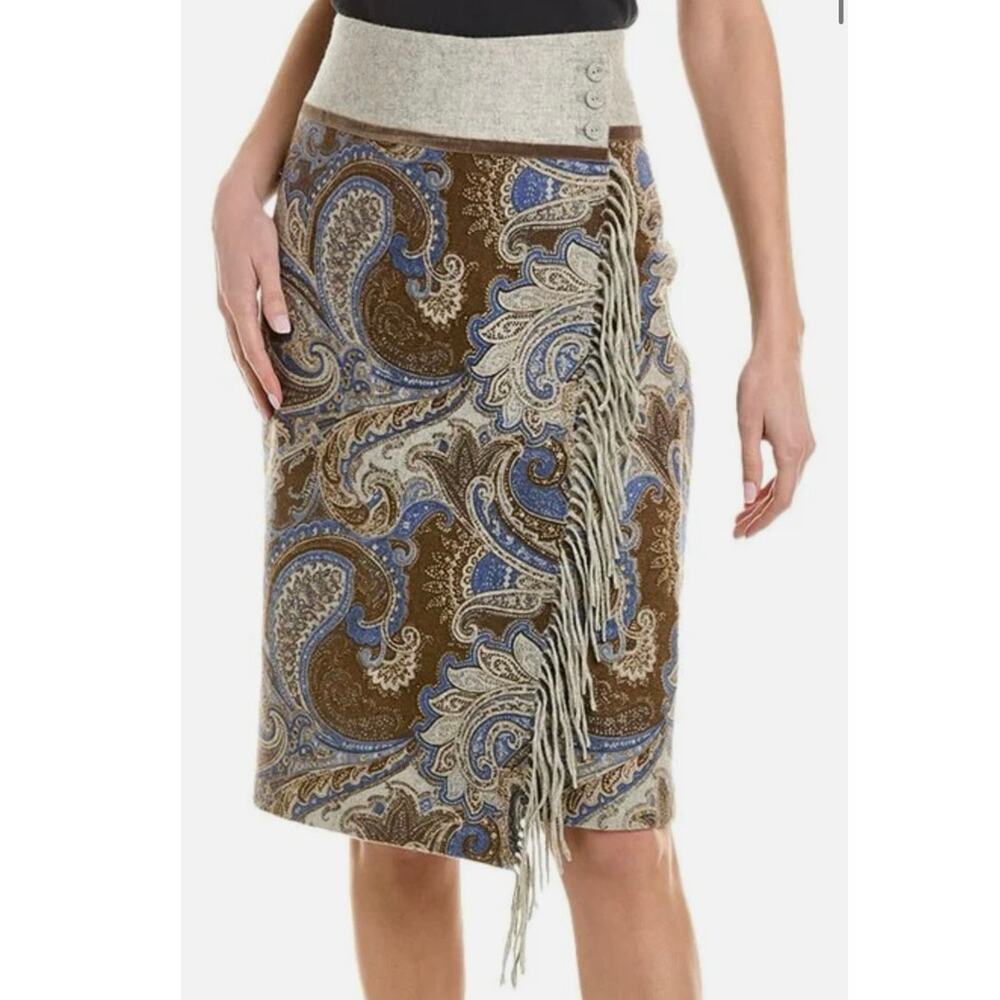 J.Mclaughlin Ines Regatta Cashmere Wrap Skirt fringe paisley Grey new sz 0 blue